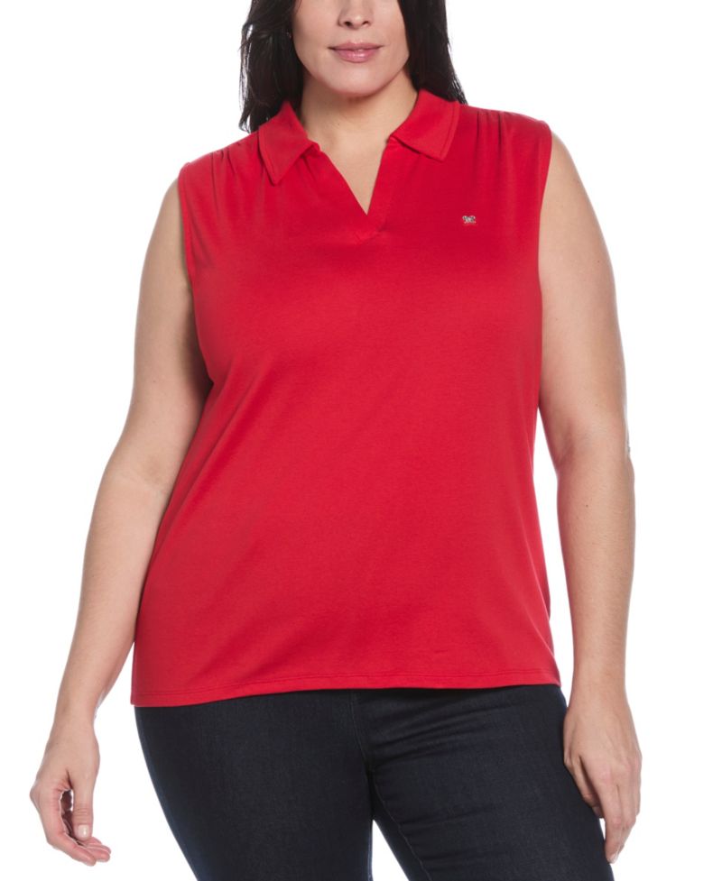 Plus Size Ribbed V-Neck Sleeveless Polo T-Shirt