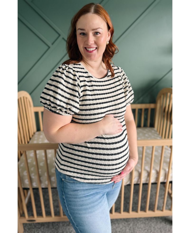 Women's Light Blue Striped Textured Puff Sleeve Top