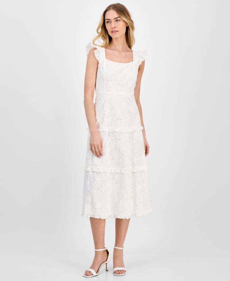 Women's Eyelet Square-Neck Tiered Midi Dress