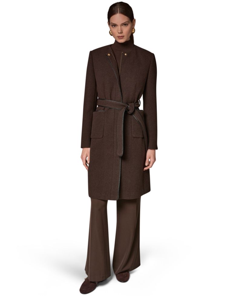 Women's Collarless Wool-Blend Pleather Trim Coat