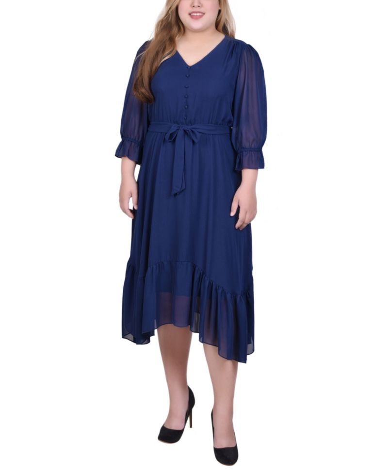 Plus Size 3/4 Sleeve V-Neck Flounced Dress