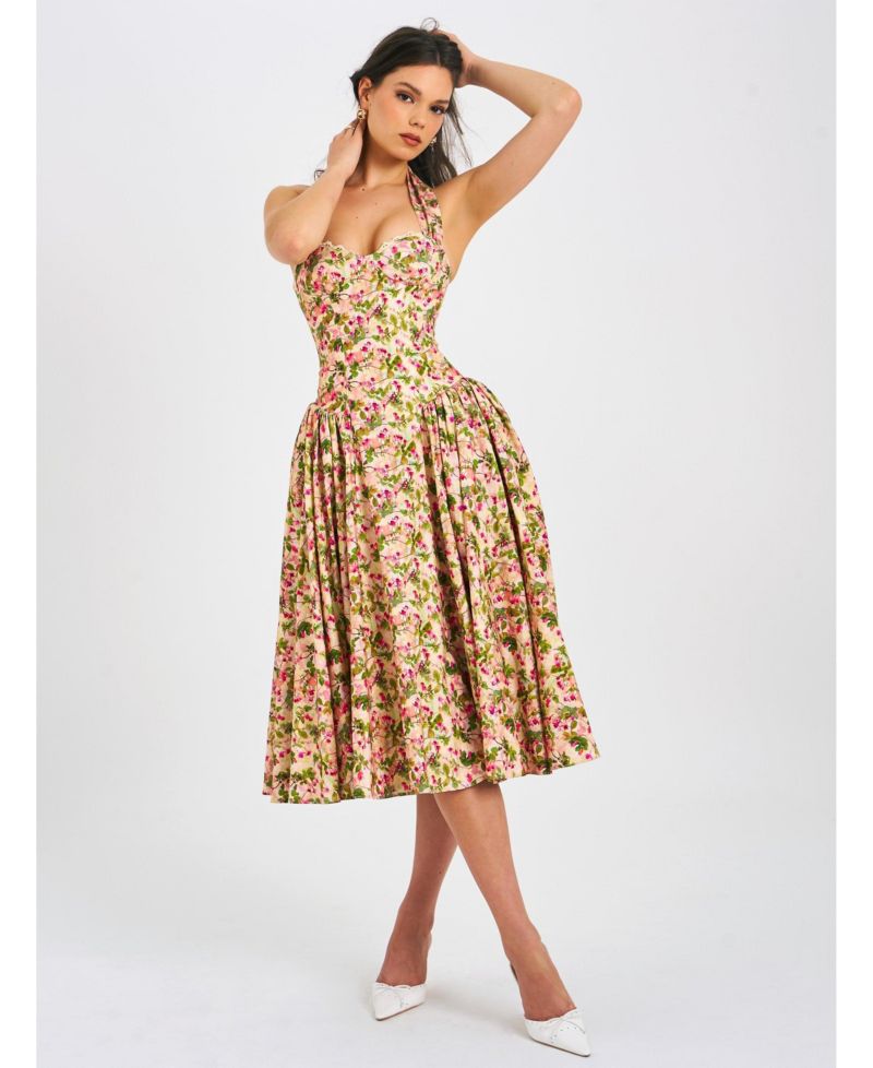 Women Niya Floral Print Linen Halter Corset Maxi Dress