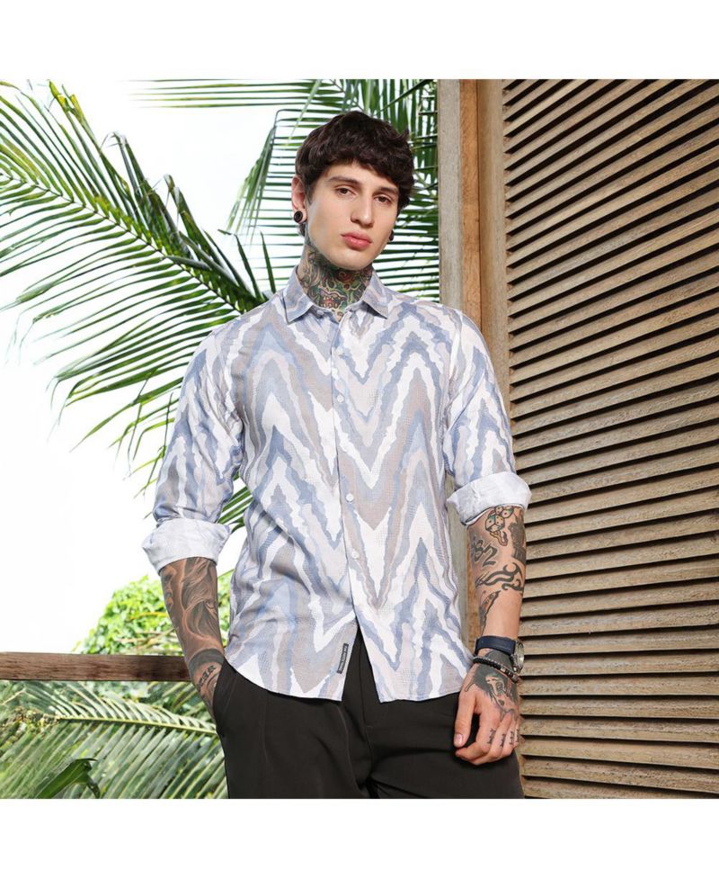 Men's Icy Blue:Cream White Pastel-Geometric Jacquard Shirt