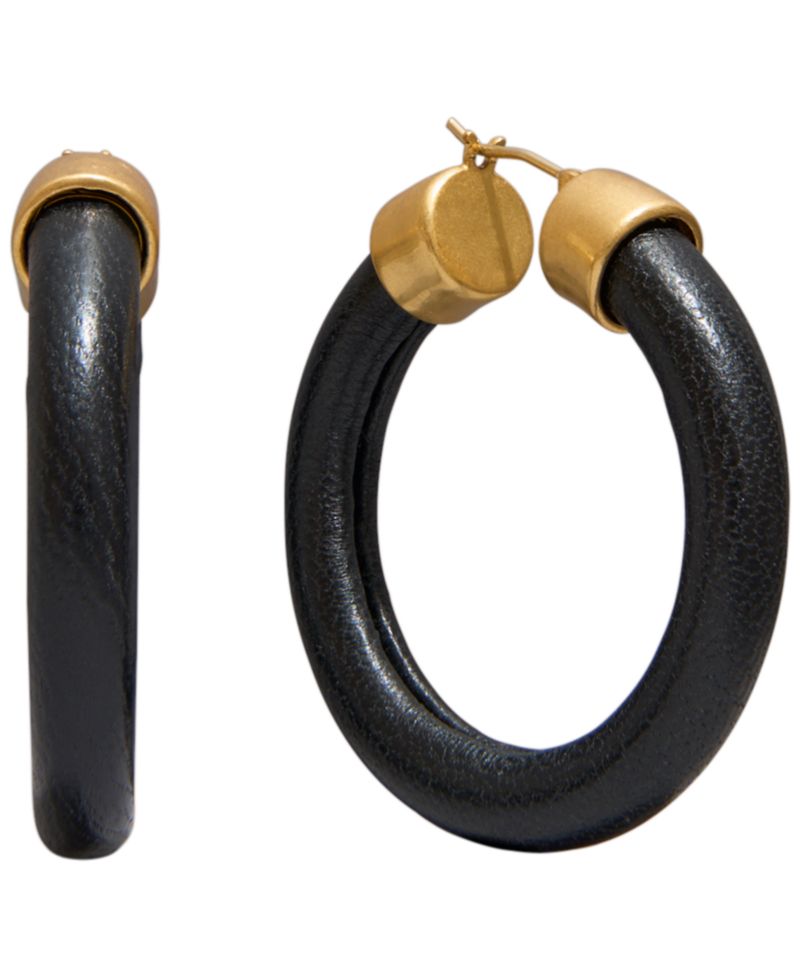 Black Leather Gold-Tone Hoop Earrings