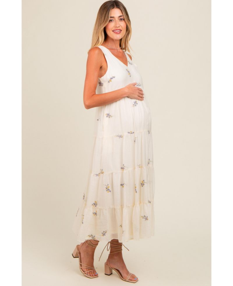 Women's Lavender Ditsy Floral Embroidered V Neck Tiered Dress