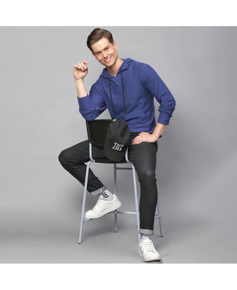 Men's Electric Blue Pullover Hoodie With Contrast Drawstring