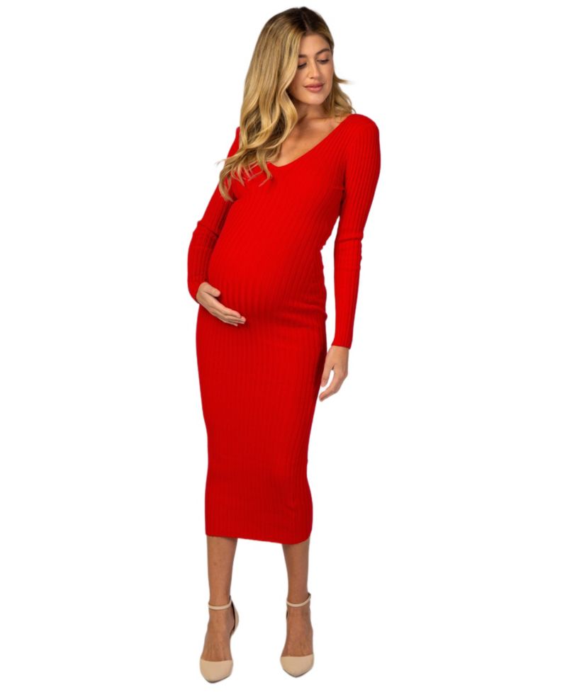 Women's Dark Red V-Neck Long Sleeve Fitted Maxi Dress