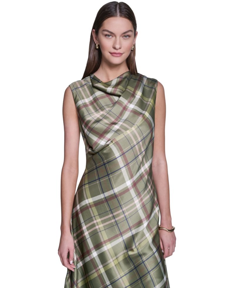 Women's Cowl Neck Plaid Asymmetrical Midi Dress