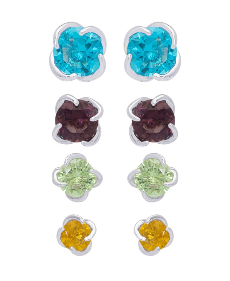 Multi-Color Round Stud Silver Plate Earrings, Set of 4