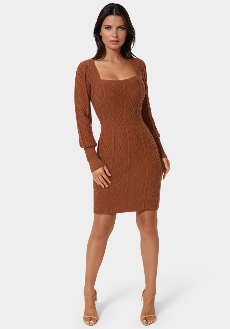 Women's Square Neck Long Sleeve Cable Sweater Dress