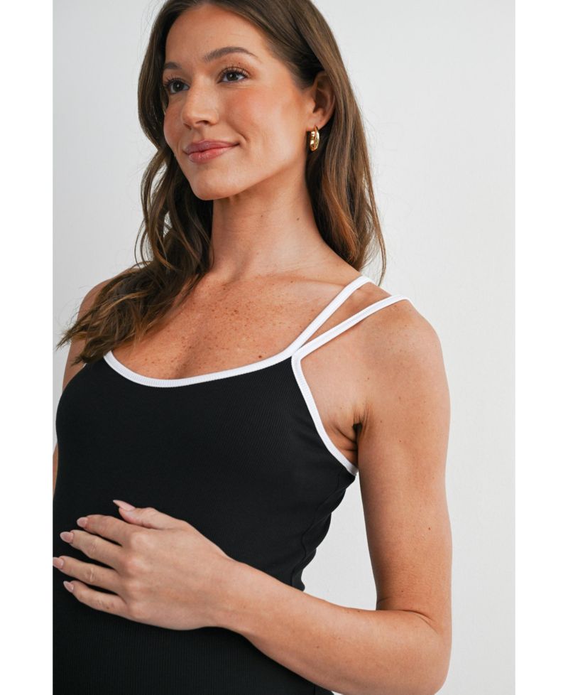 Women's Ribbed Bodycon Midi Dress with Double Straps and Side Slit