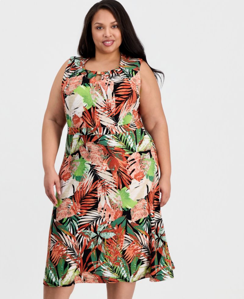 Plus Size Printed Pleat-Neck Sleeveless Top
