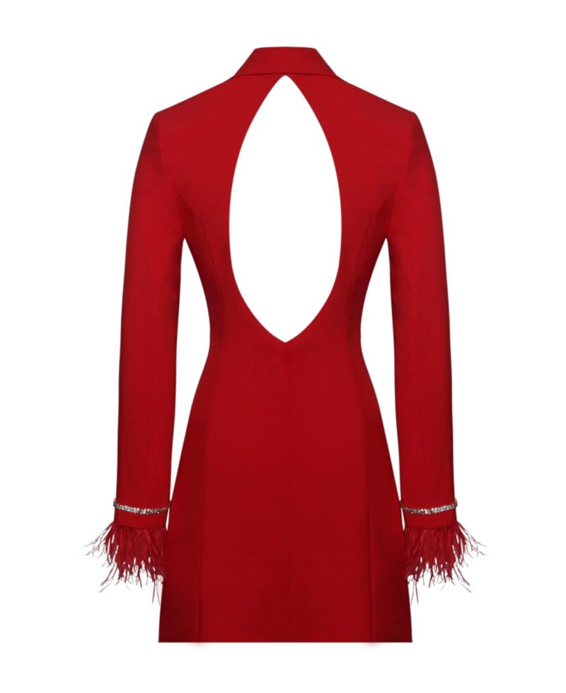 Women Quilla Red Feather Crystal Sleeve Backless Blazer Dress