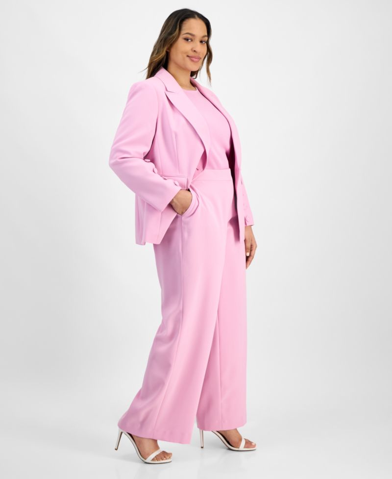 Plus Size Single-Button Crepe Blazer & Wide-Leg Pants Suit Separates