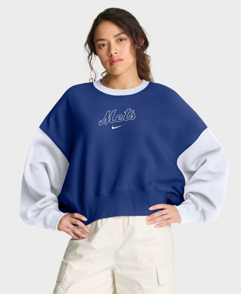 Women's Royal/White New York Mets Oversized High Hip Fleece Sweatshirt