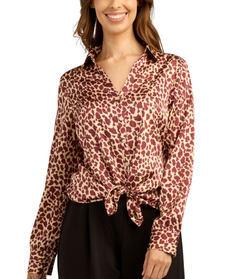 Juniors' Printed Satin Collared Button-Up Shirt