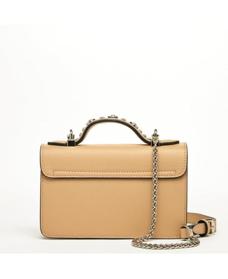 Women s Beige Studded Crossbody Bag Designer Leather Shoulder Purse with Top Handle, Structured Handbag with Silver Embellishments