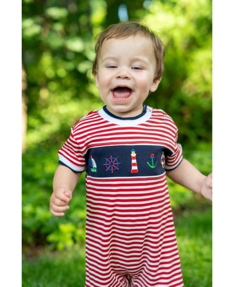 Baby Boy Stripe Knit Shortall With Nautical Applique