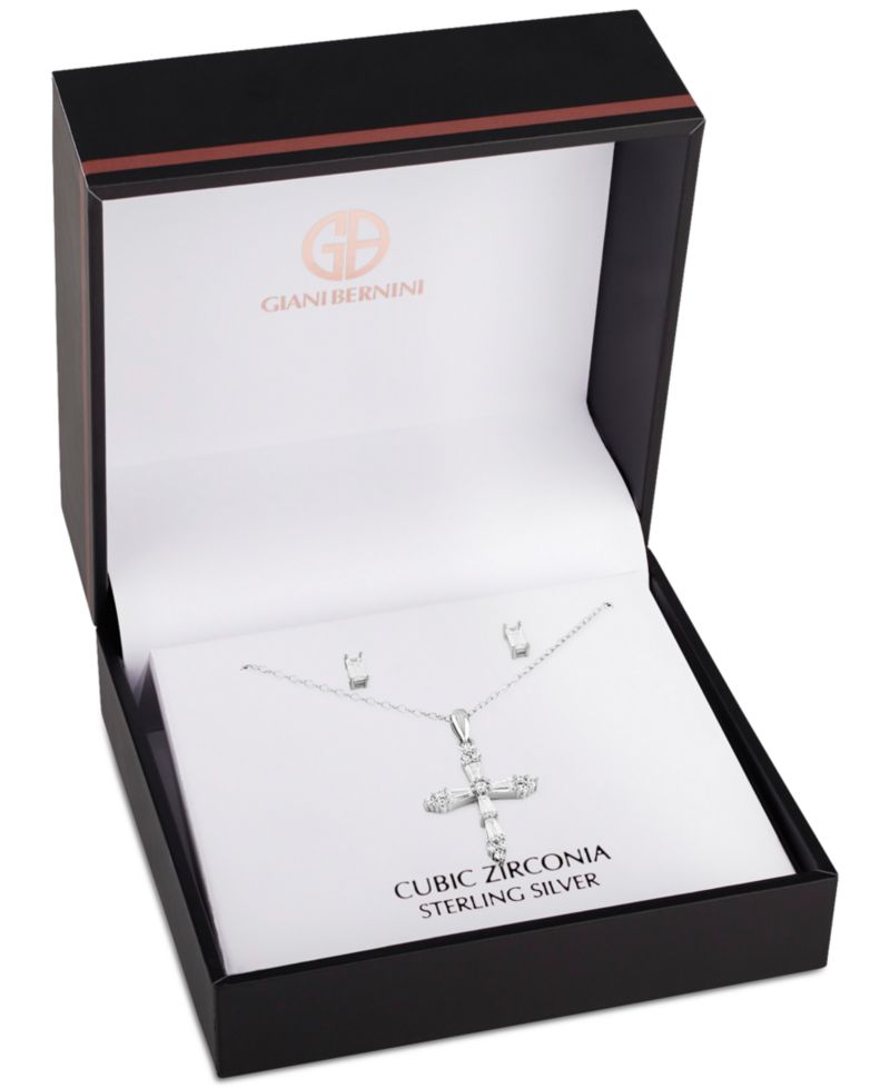 2-Pc. Set Cubic Zirconia Cross Pendant Necklace & Baguette Stud Earrings in Sterling Silver