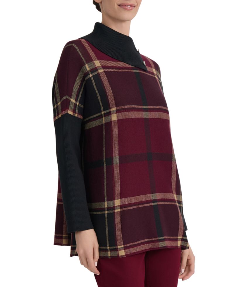 Women's Plaid Split-Neck Poncho Sweater