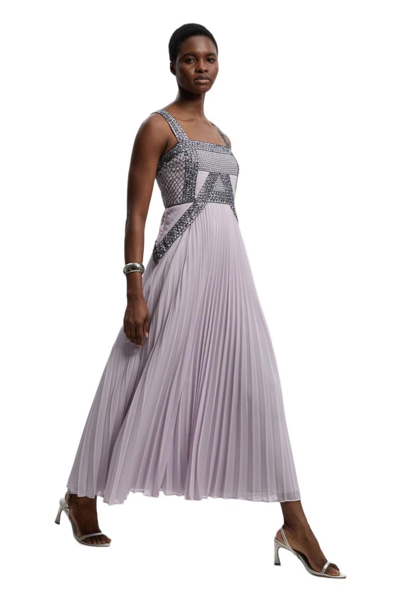Women's Embellished Pleated Woven Midi Dress