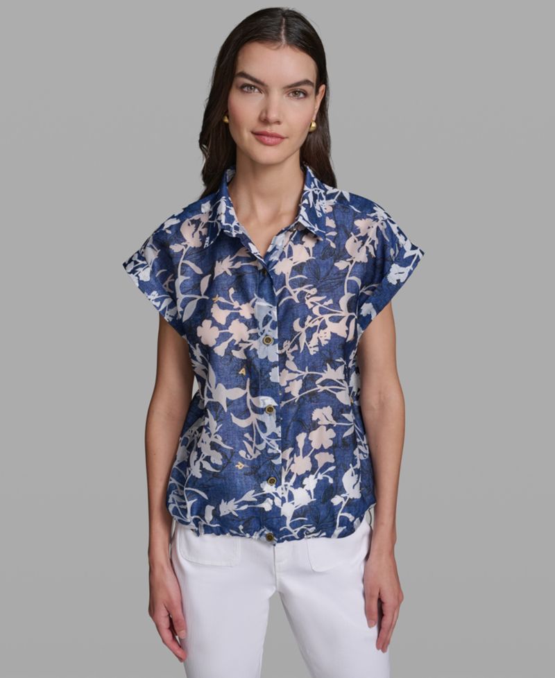 Petite Printed Collared Neck Bungee Top