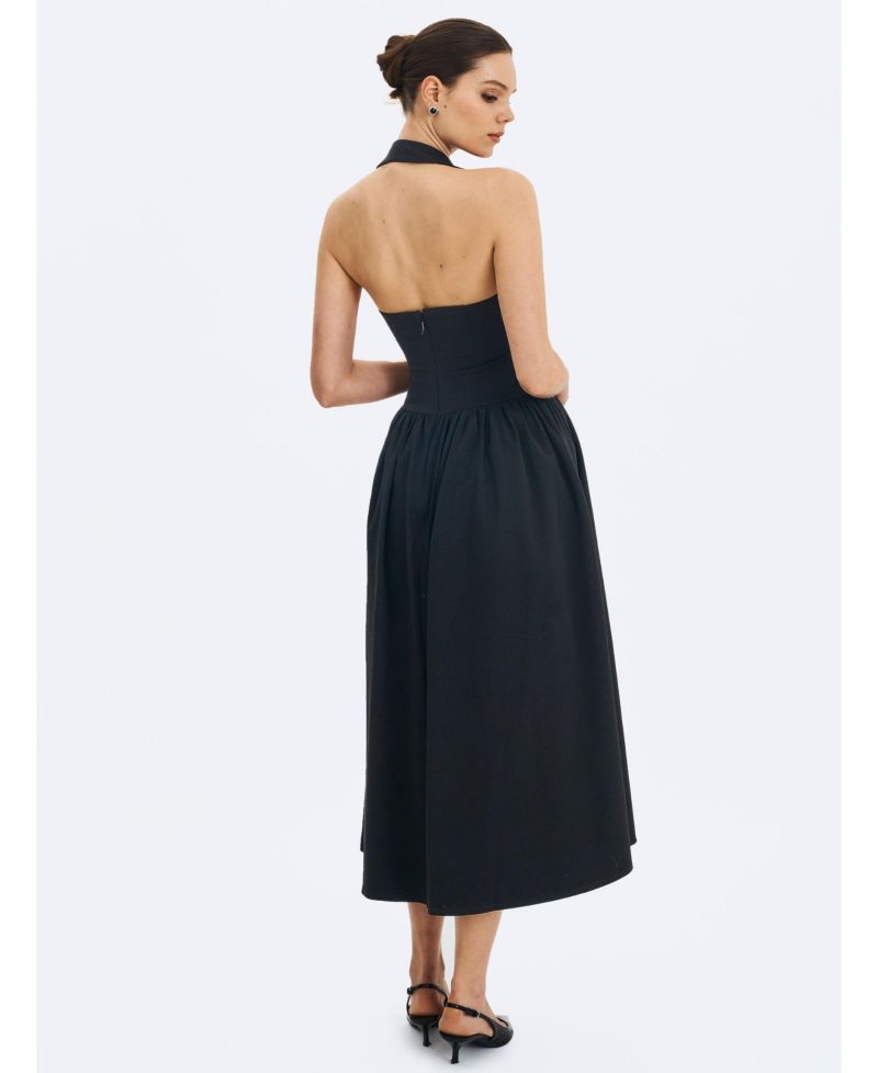 Women's Delaney Black Lapel Halter Midi A-Line Dress