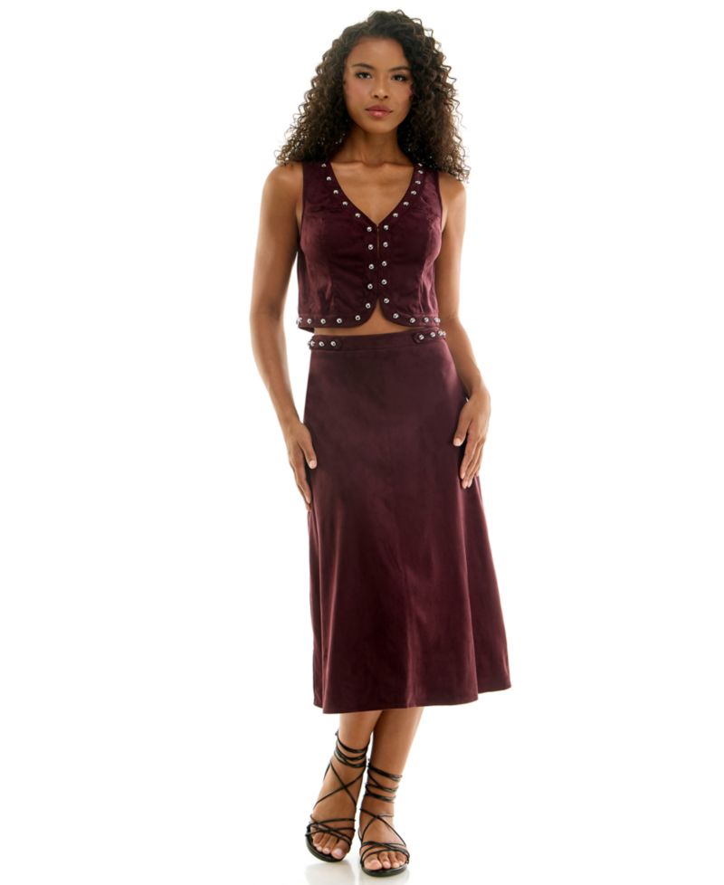 Juniors' Suede V-Neck Studded Vest and Midi Skirt Set