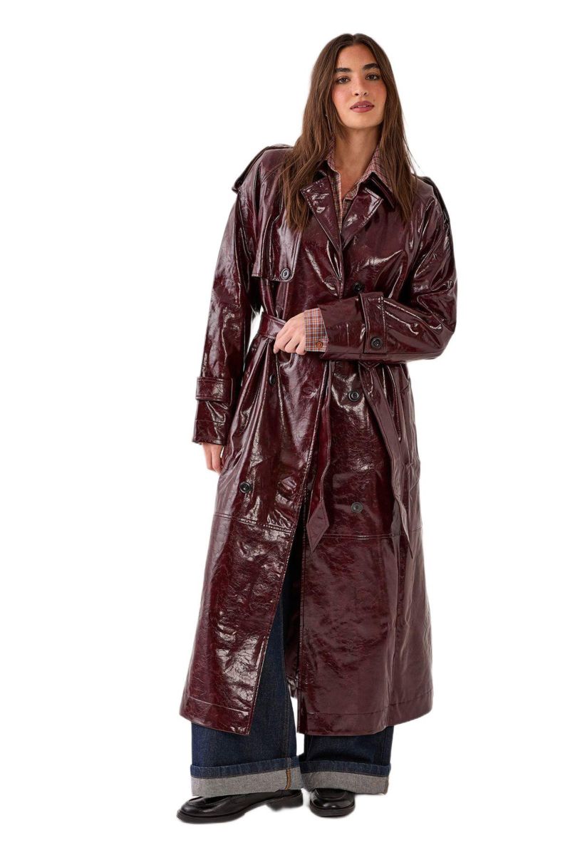 Women's High Shine Faux Leather Trench Coat