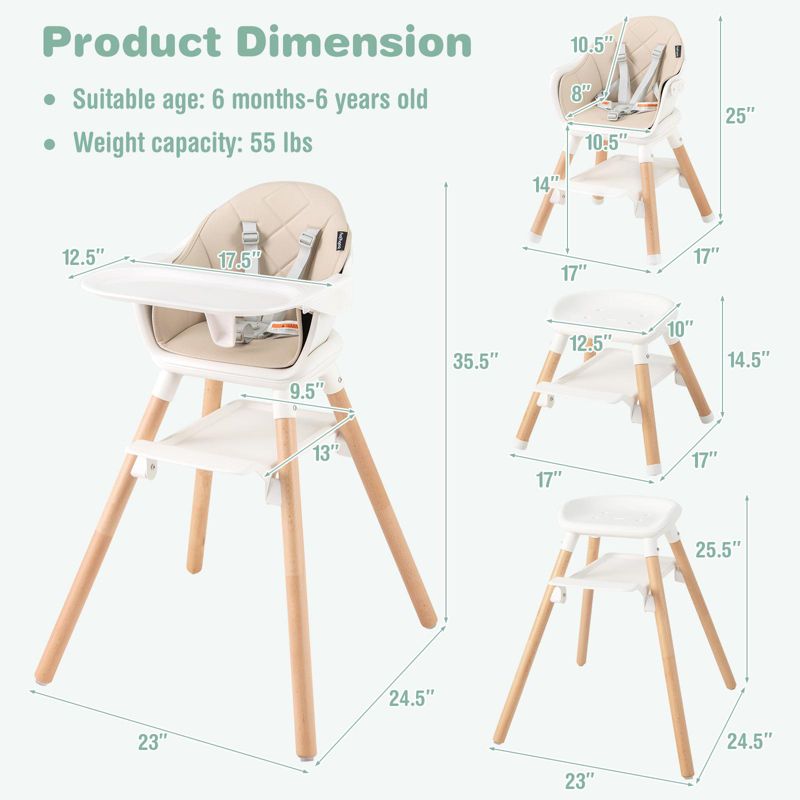 6-in-1 Convertible Baby High Chair with Safety Harness and Removable Tray