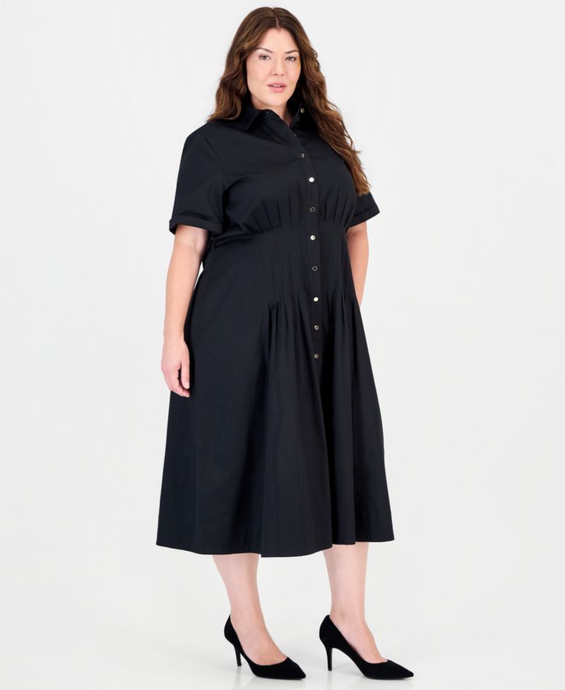 Plus Size Fit & Flare Pleated Waist Midi Shirt Dress