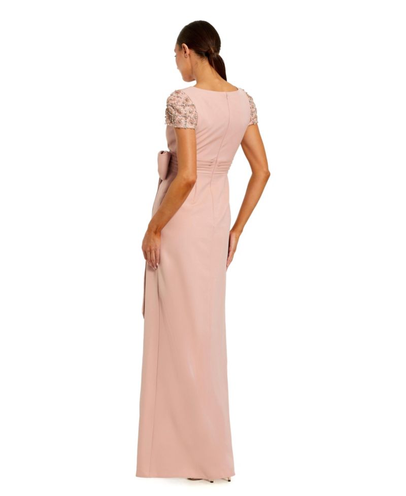 Women's Beaded Cap Sleeve Crepe Gown With Bow and Slit