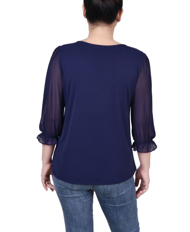 Petite 3/4 Sleeve Ringed Mesh Top