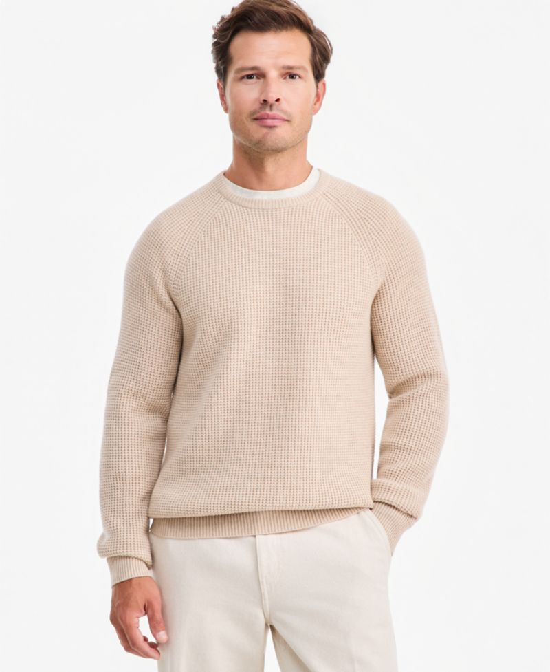 Men's Cashmere Wool Blend Long-Sleeve Waffle Wool Crewneck Sweater, Macy's Exclusive
