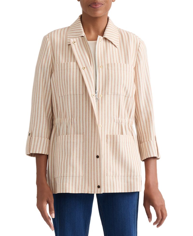 Women's Herringbone-Stripe Cotton Patch-Pocket Anorak Jacket