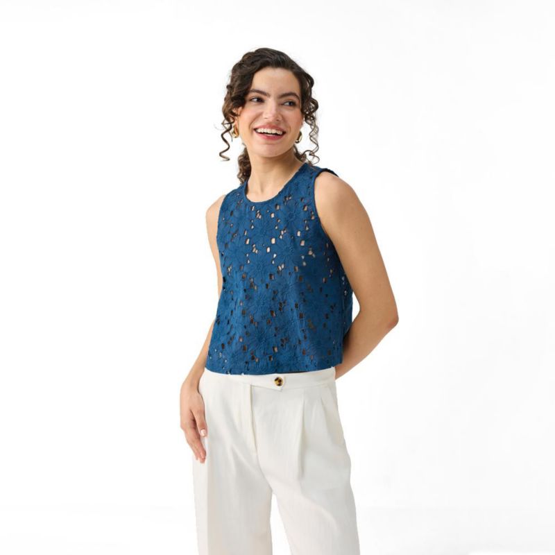 Women's Embroidered Sleeveless Button-Back Top