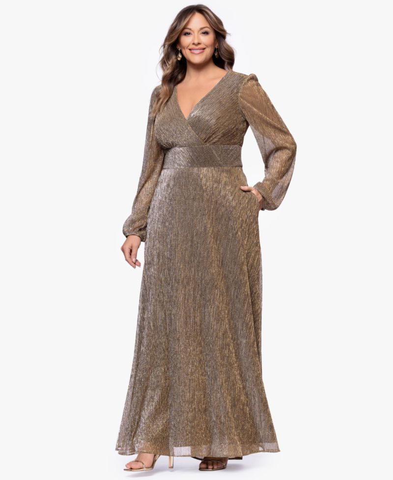 Plus Metallic V-Neck Long-Sleeve Gown