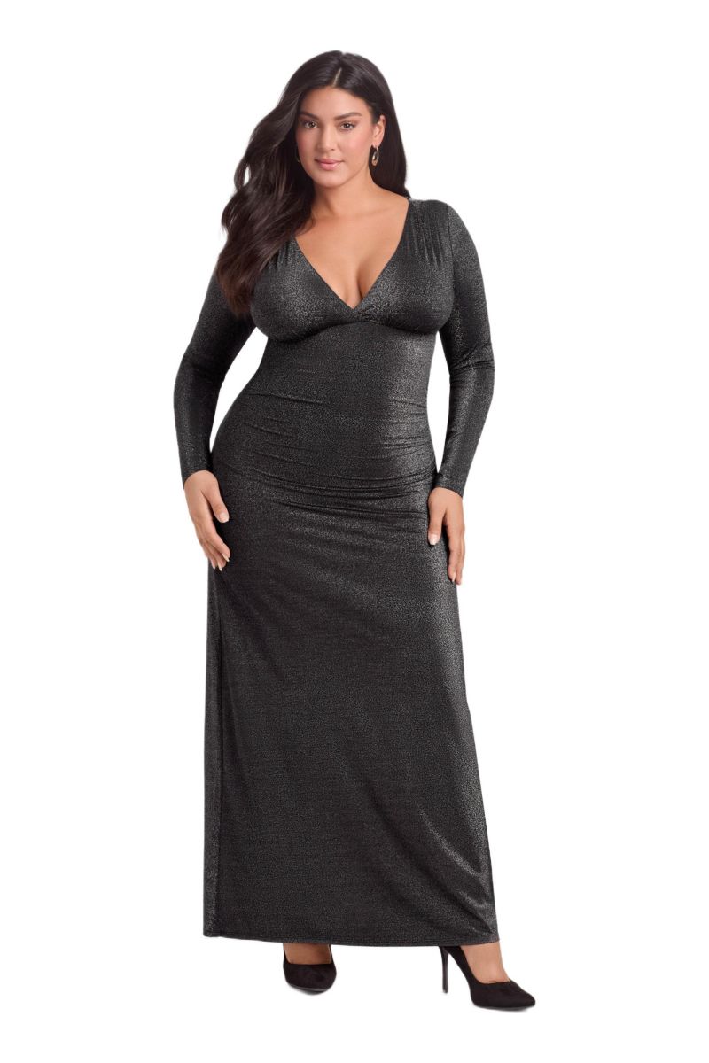 Women's S3 Sculpting Shapewear Shirred V-Neck Long Sleeve Metallic Maxi Dress