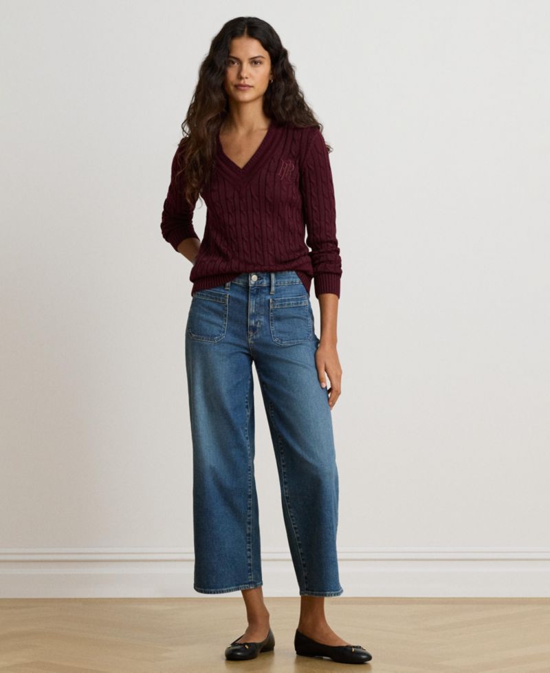 Petite Long-Sleeve V-Neck Cable Knit Sweater