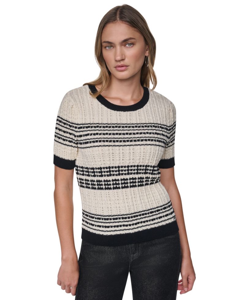 Women's Short-Sleeve Striped Crewneck Cotton Sweater