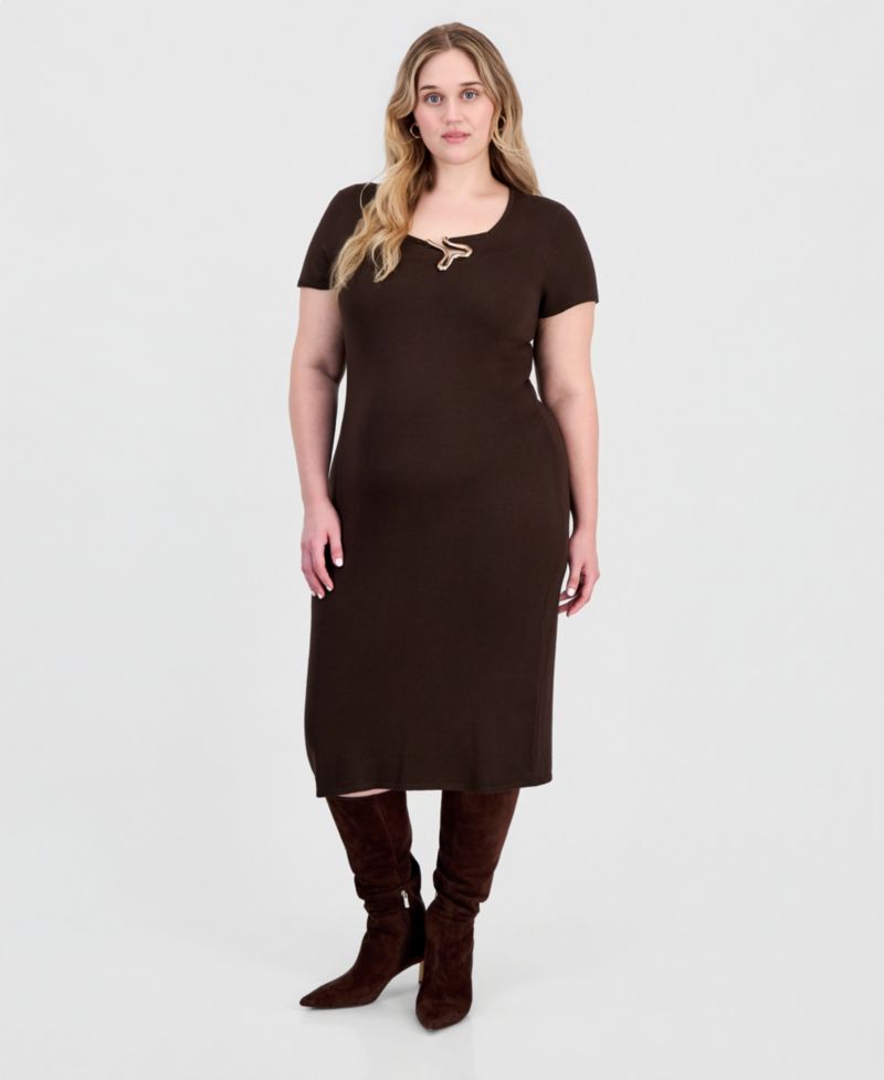 Plus Size Square Neck Short-Sleeve Hardware-Detail Midi Dress