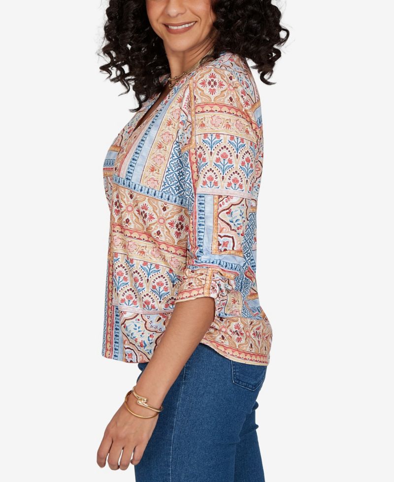 Women's Floral 3/4-Sleeve Split-Neck Knit Top