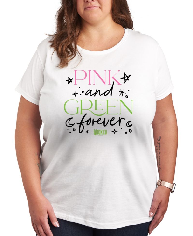 Trendy Plus Size Wicked Pink and Green Graphic Crew Neck T-Shirt