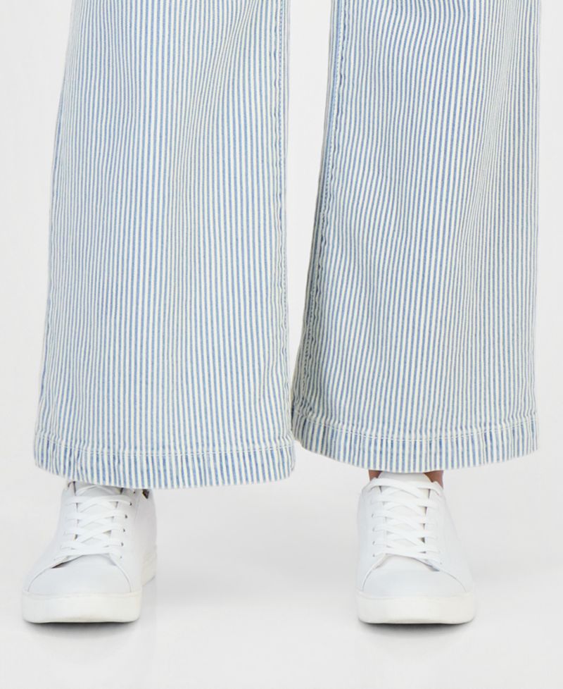 Petite Engineer-Stripe Pull-On Wide-Leg Jeans