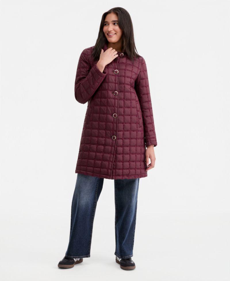Women's Long Windowpane Quilted Coat