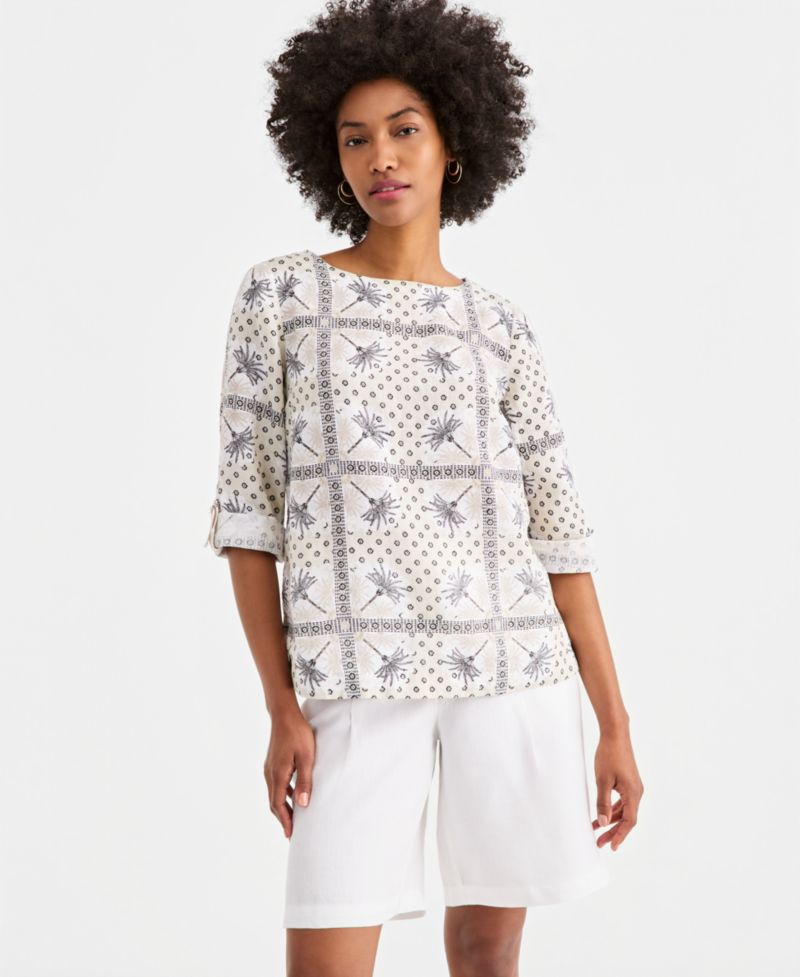Petite 100% Linen Cuffed Top