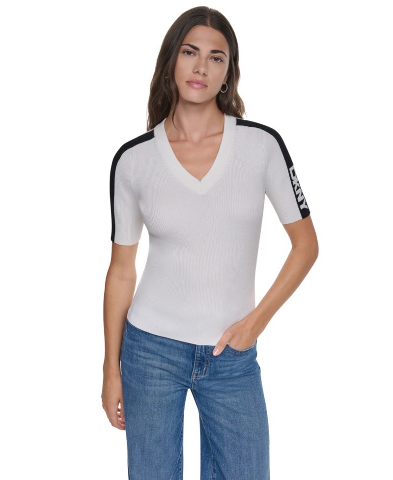 Women's V-Neck Logo Stripe Short-Sleeve Sweater