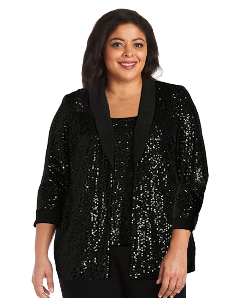 Plus Size Sequined Sleeveless Top, Open-Front Jacket & Pants Set