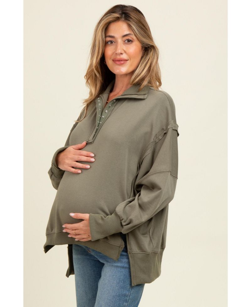 Women's Olive Snap Button Pullover Henley Sweatshirt