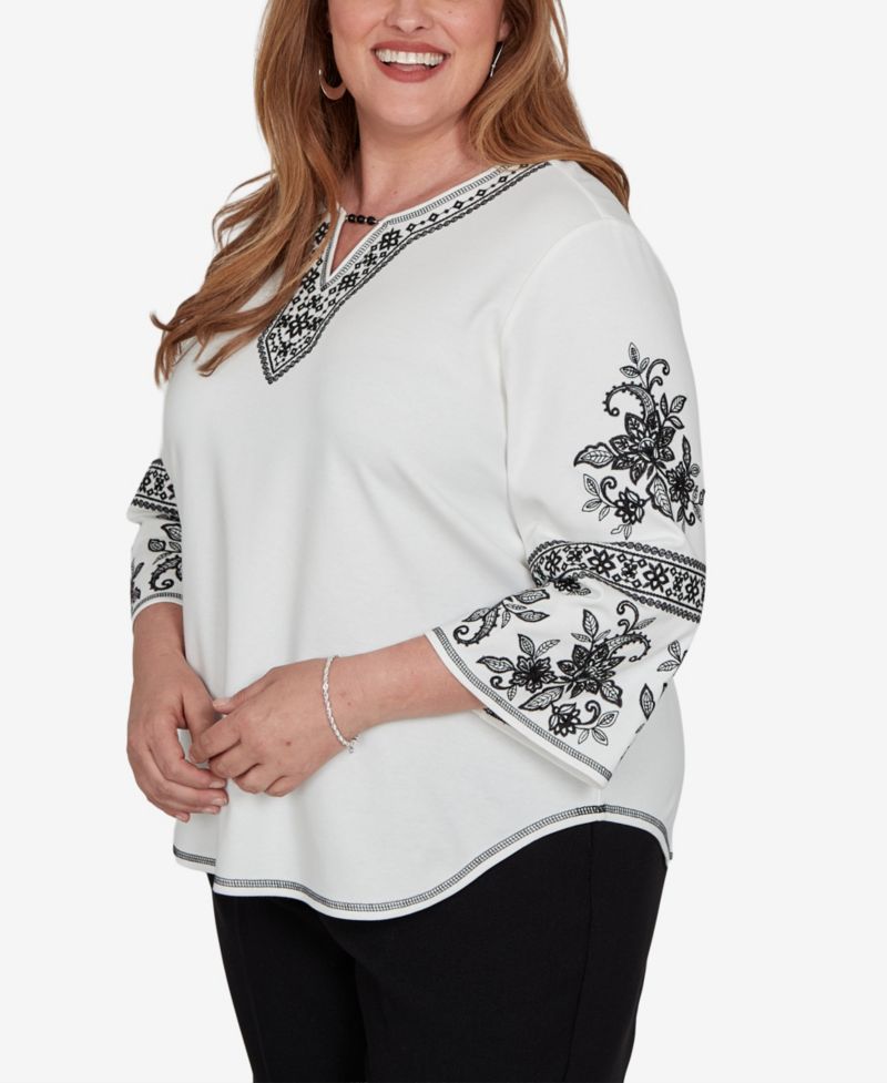 Plus Size 3/4-Sleeve Keyhole Neck Cotton-Blend Blouse